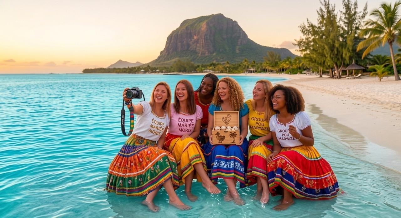 Groupe d'amies en tenues colorées sur une plage de l'Île Maurice