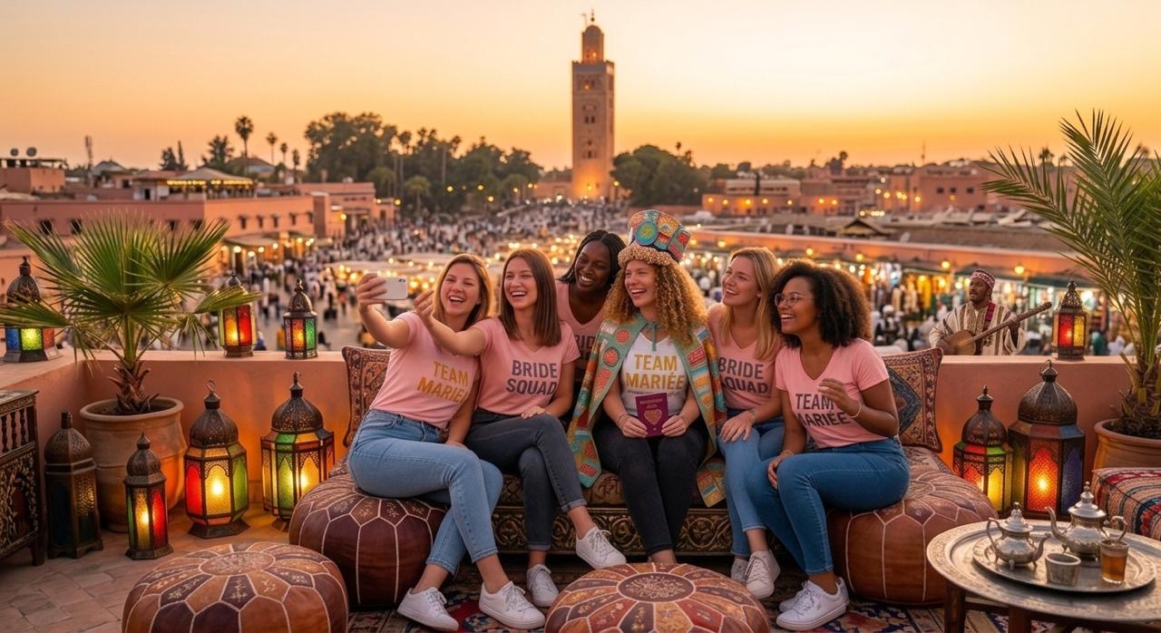 Groupe de copines sur un rooftop à Marrakech au coucher du soleil