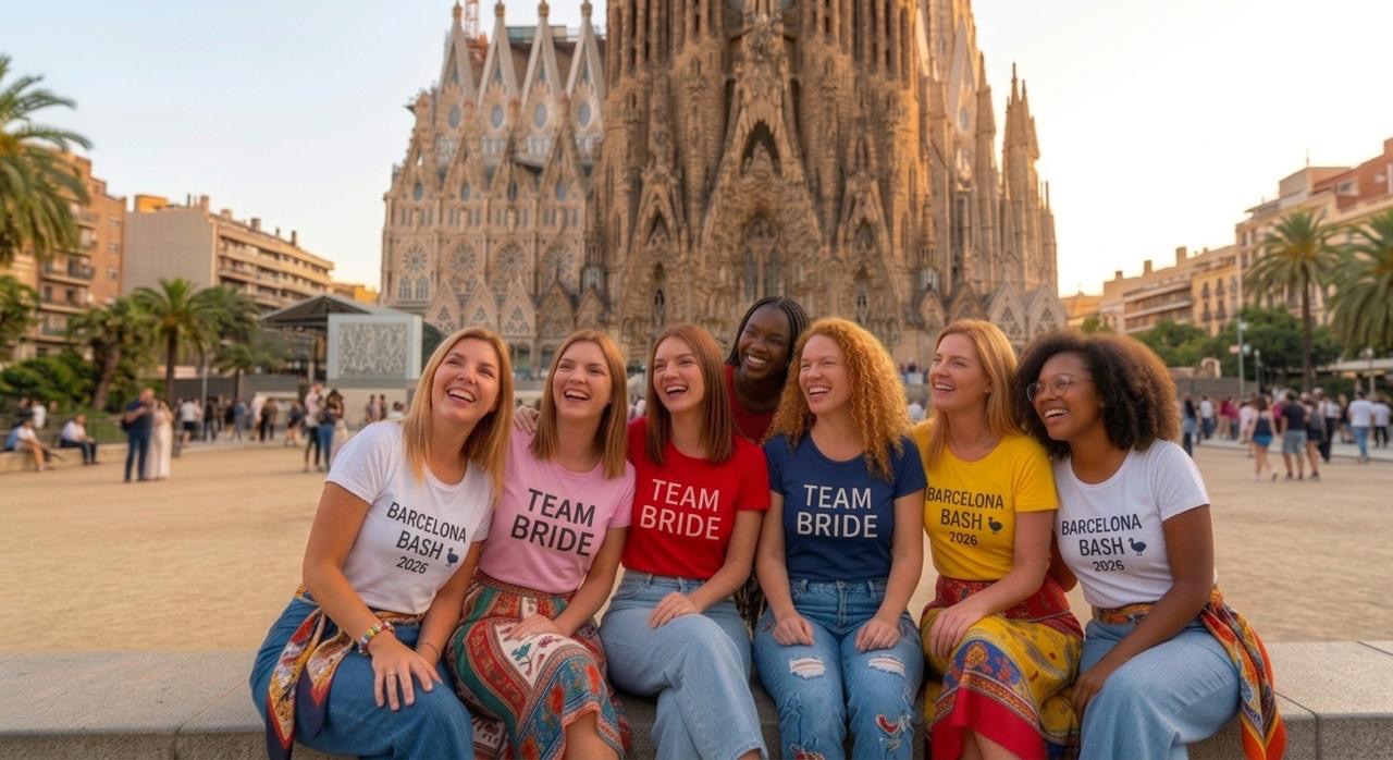 Groupe de copines devant la Sagrada Família à Barcelone
