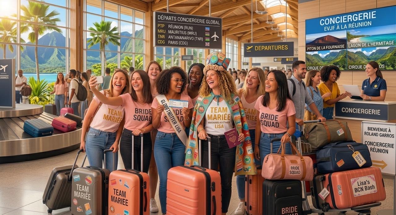 Groupe de copines à l'aéroport prêt à partir pour un EVJF à l'étranger