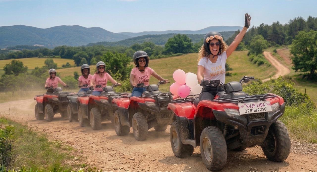 Groupe de copines en quad dans la nature, casques et ballons roses